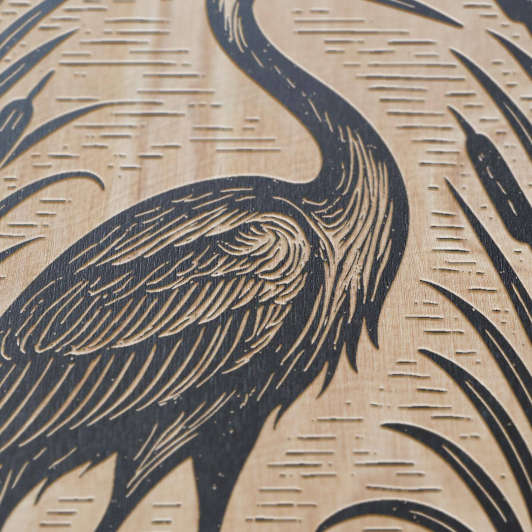 Crane In the Lily Pond Engraved Birch Illustration