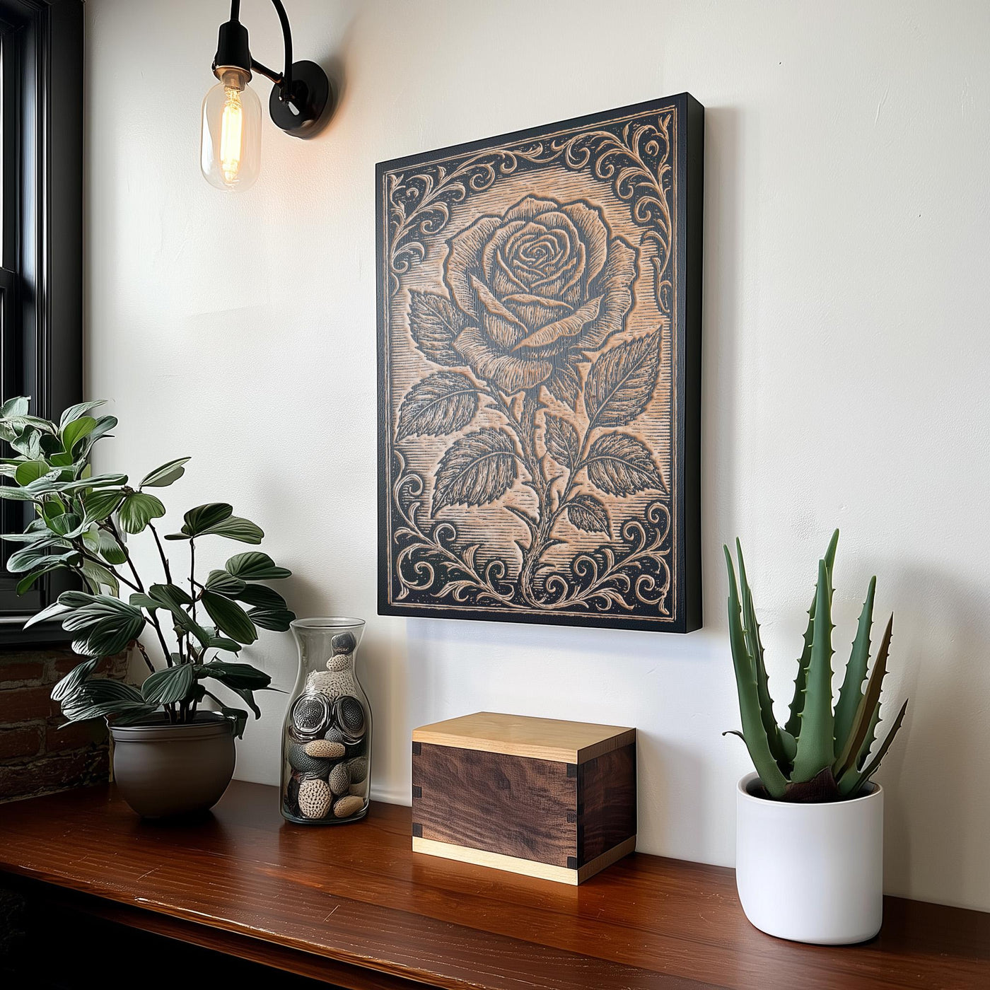 Rose Flower Engraved Birch Illustration