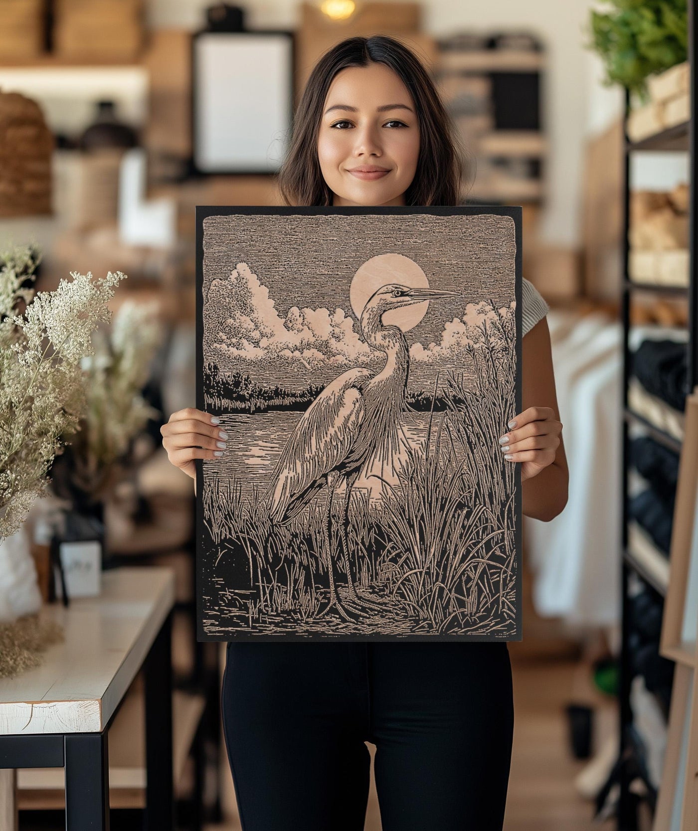 Blue Heron in Marsh Engraved Illustration