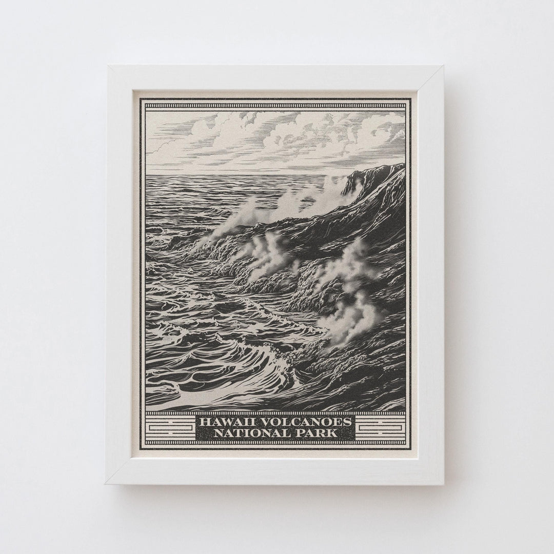 Hawaii Volcanoes National Park Lithograph Style Print - Vintage Hawaii Big Island archival matte fine art print. Kīlauea &amp; Mauna Loa Gift.
