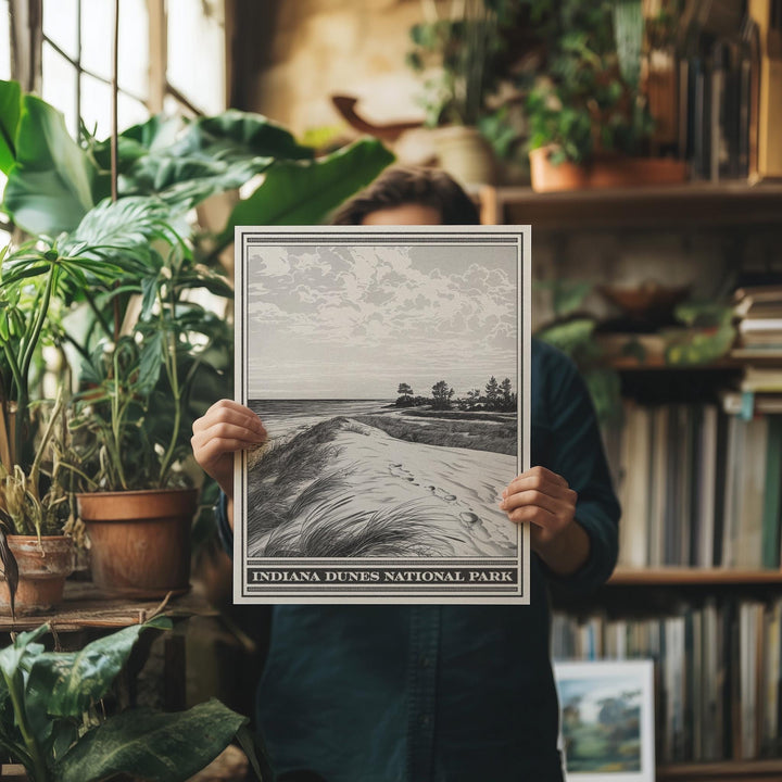 Indiana Dunes National Park Lithograph Style Print - Vintage Indiana archival matte fine art print. Portage Kemil Dunbar Central Beach Gift.