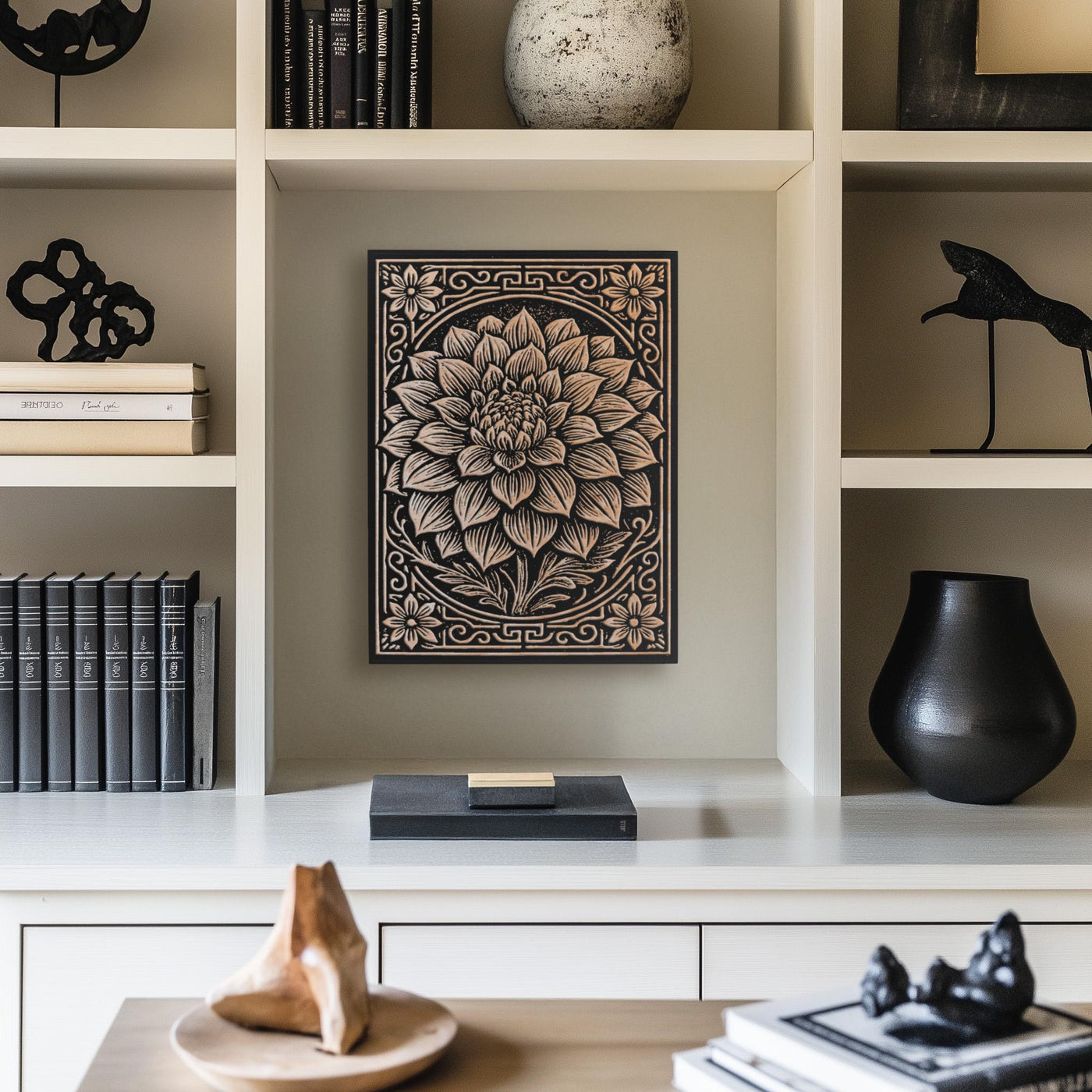 Dahlia Bloom Engraved Birch Illustration