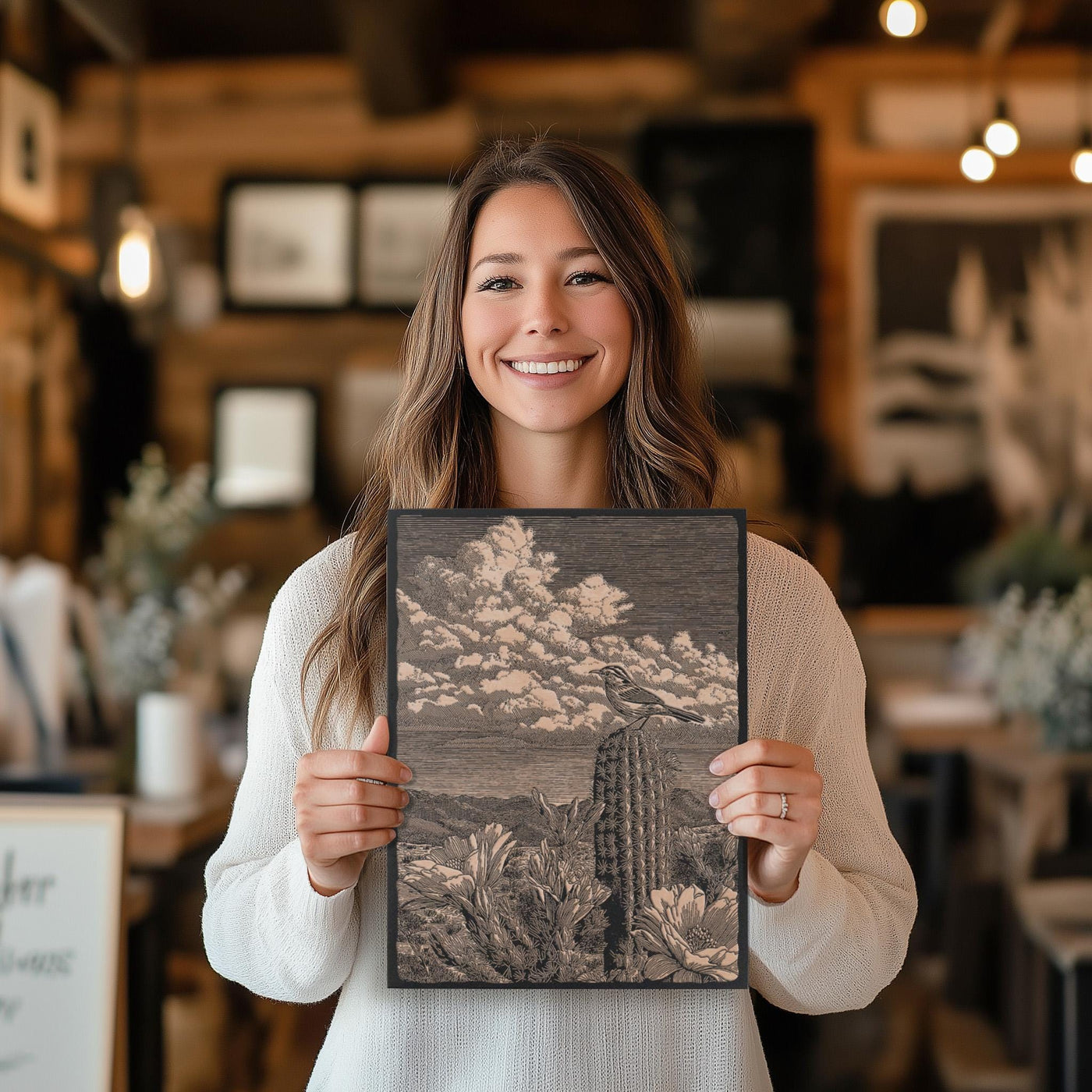 Cactus Wren Scene Engraved Illustration