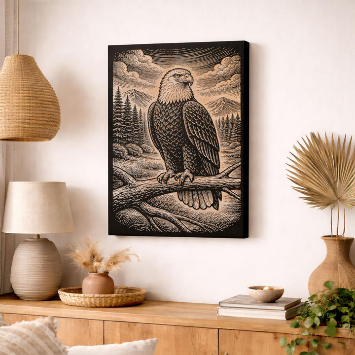 American Frontier Bald Eagle Full Perch Engraved Birch Art Panel