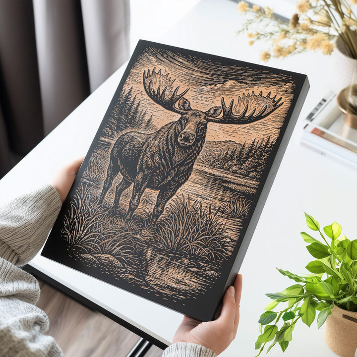 Bull Moose in Marshy Wilderness Engraved Birch Art Panel