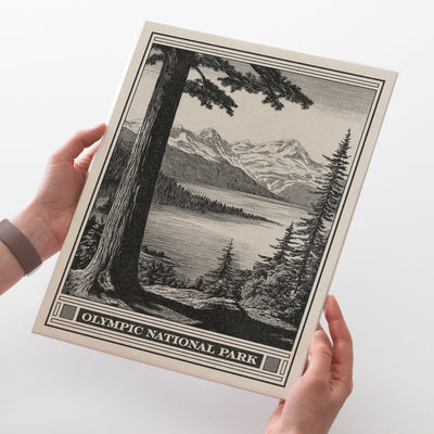 Olympic National Park Lithograph Style Print - Vintage Lake Crescent Washington archival matte fine art print. Wilderness gift for hikers.