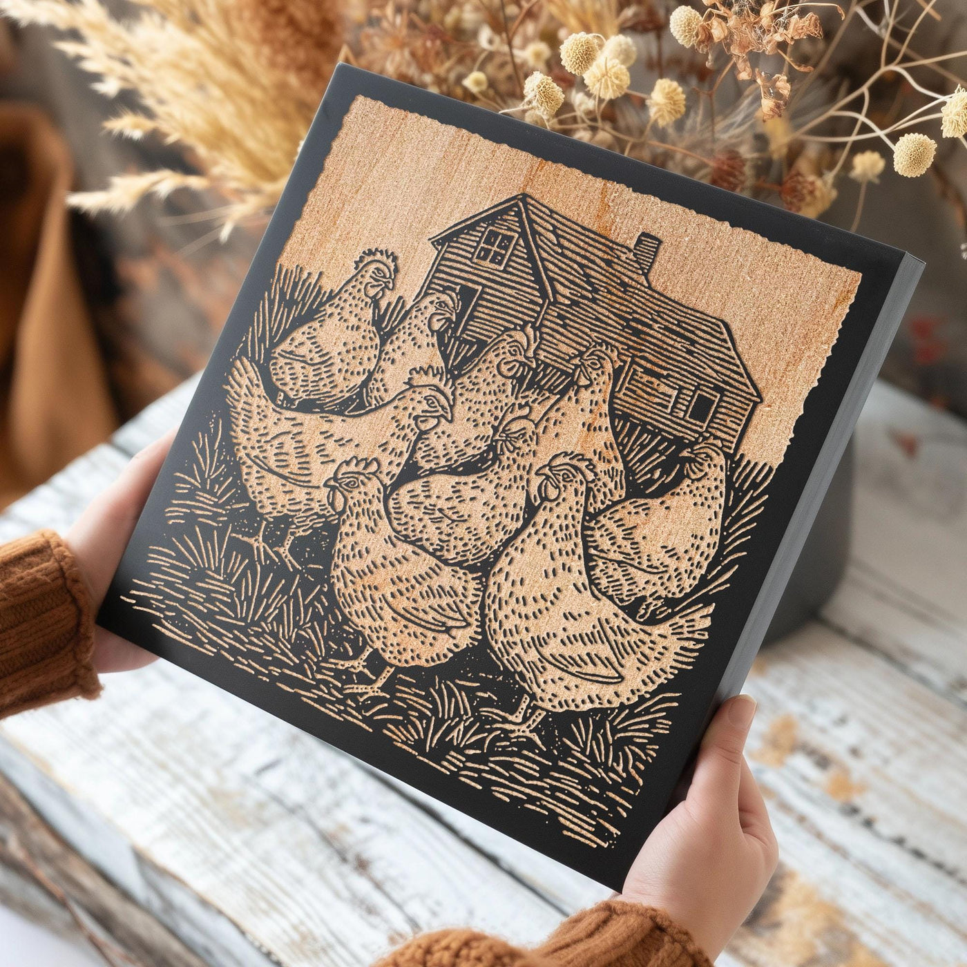 Chickens on a Farm Engraved Wood Wall Art Panel