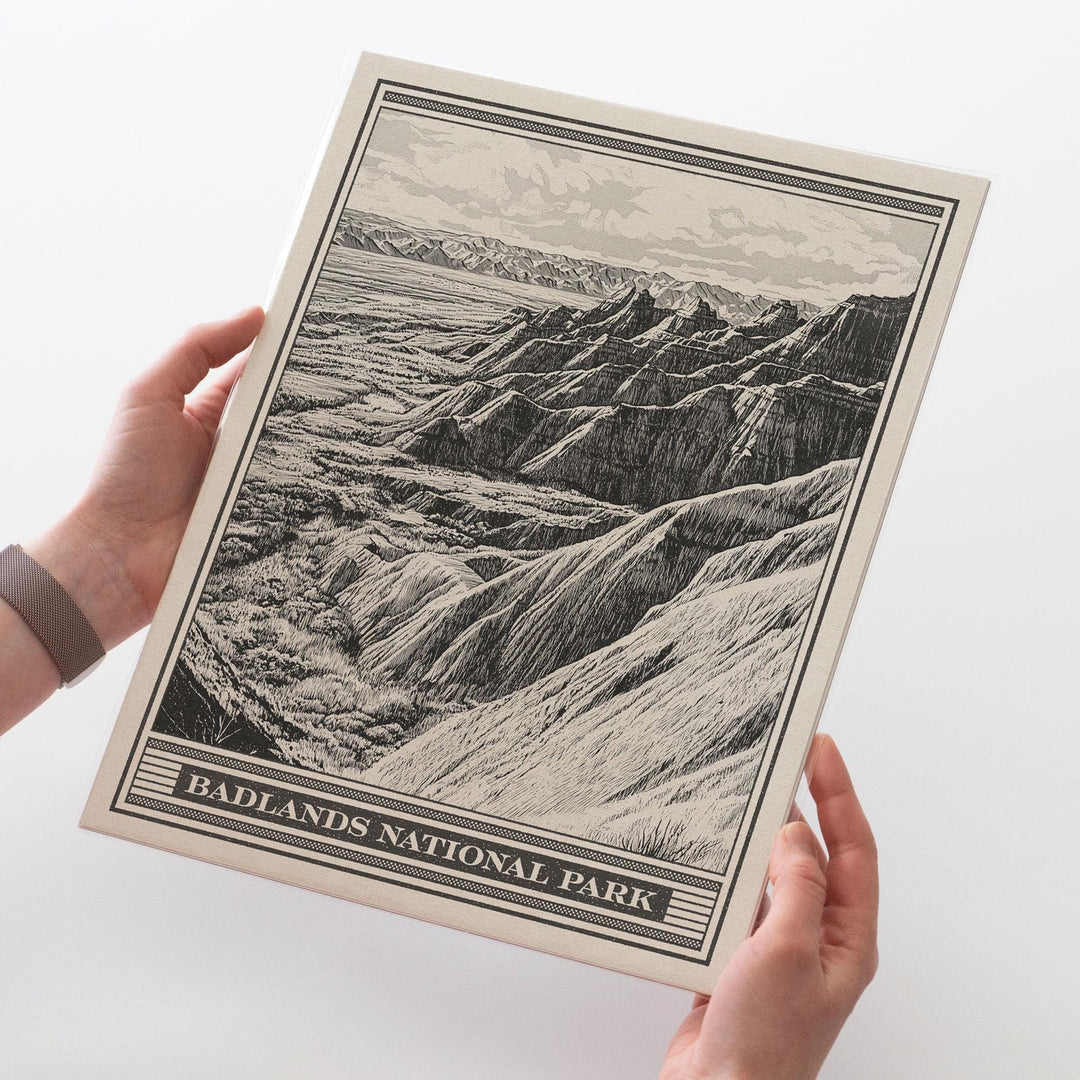 Badlands National Park Lithograph Style Print - Vintage South Dakota archival matte fine art print. Castle Trail Art. Western Desert Gift