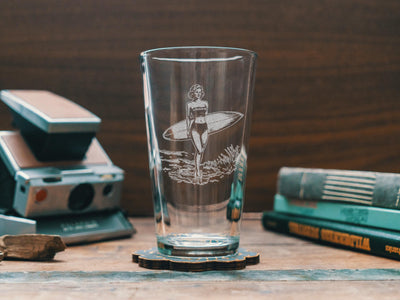 Surfer Babe Glasses | Vintage Beach Themed Whiskey, Wine & Beer Glassware, Ocean Nautical Summer Drinkware, Surfing Gift, Boho Home Decor