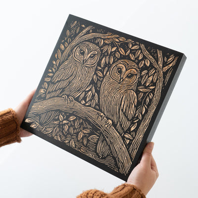 Barn Owl Couple Engraved Birch Wood Panel