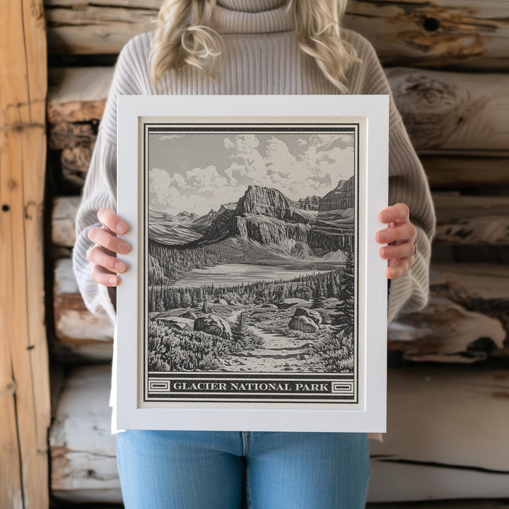 Glacier National Park Lithograph Style Print - Vintage Grinnell Lake Montana archival matte fine art print.  Cliffs of Angel Wing hiker gift