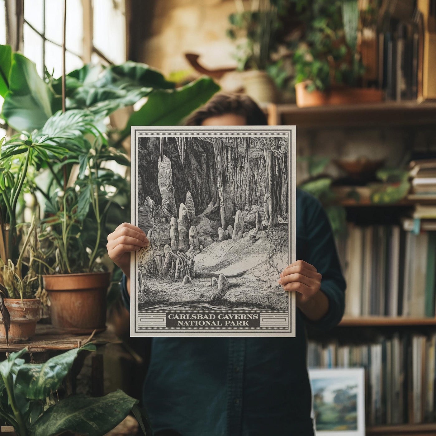 Carlsbad Caverns National Park Lithograph Style Print - Vintage New Mexico archival matte fine art print. Chihuahuan Desert Travel Gift