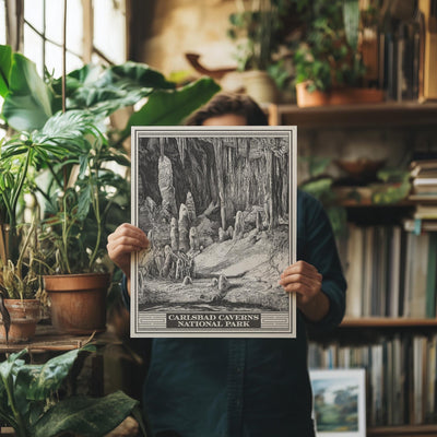 Carlsbad Caverns National Park Lithograph Style Print - Vintage New Mexico archival matte fine art print. Chihuahuan Desert Travel Gift