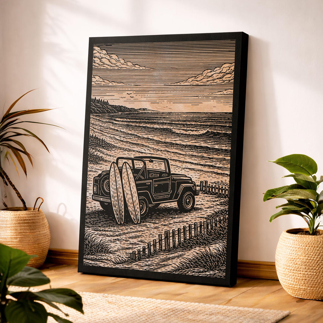 Surf SUV On the Beach Engraved Illustration