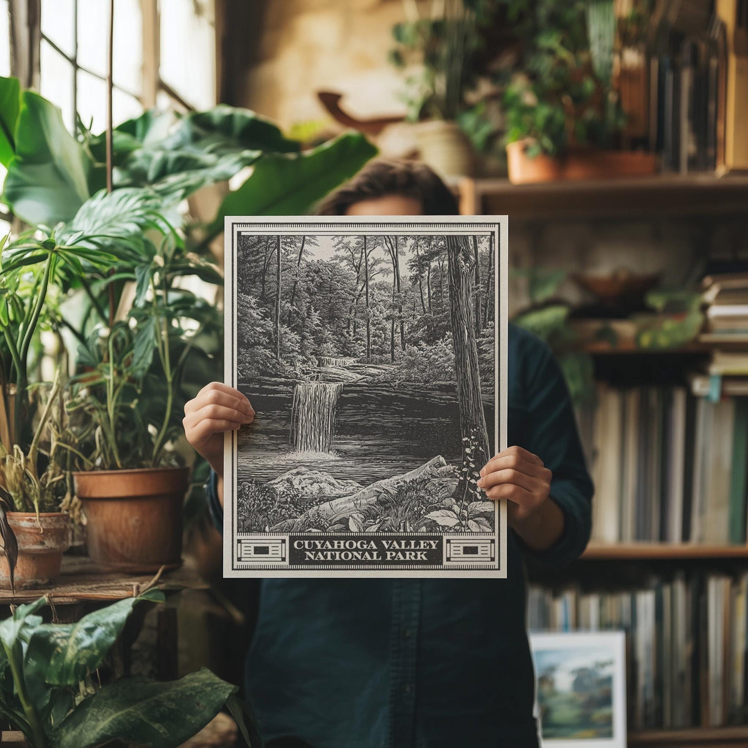 Cuyahoga Valley National Park Lithograph Style Print - Vintage Ohio archival matte fine art print. Brandywine Creek Waterfall. Hiker Gift.