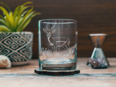 Antelope Glasses | Personalized Safari Whiskey, Wine & Beer Etched Glassware Gift, African Wildlife Themed Drinkware, Memorable Trip Gift.