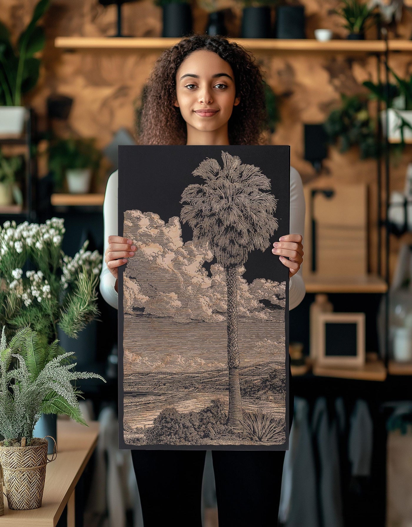 Beach Palm Tree Engraved Illustration