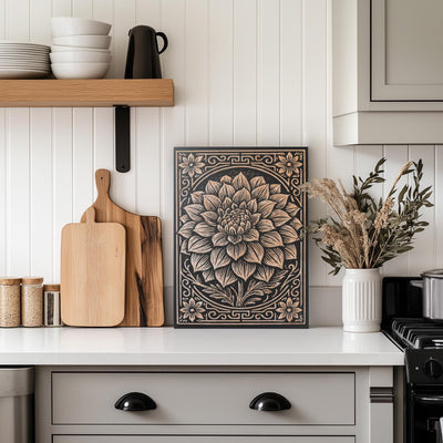 Dahlia Bloom Engraved Birch Illustration