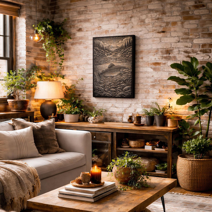 Mountain Stream Brook Trout Engraved Birch Art Panel