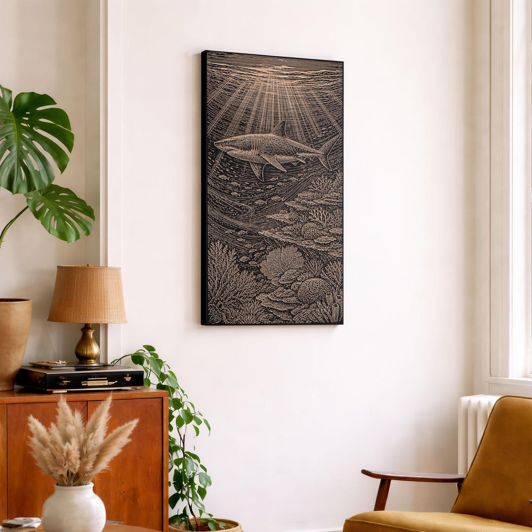 Shark Over Reef Engraved Birch Art Panel