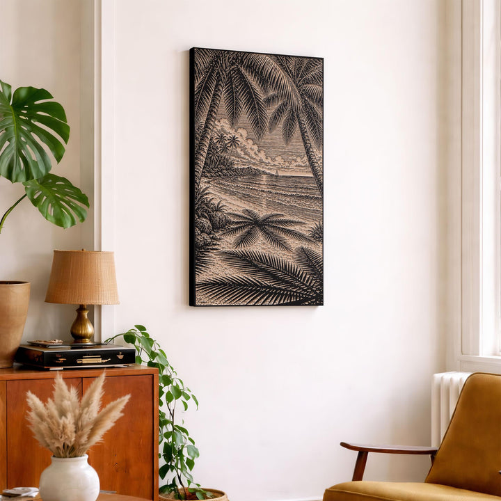 Palm Shadows on the Sand Engraved Birch Art Panel