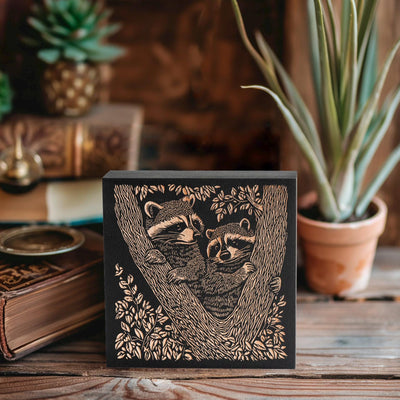 Raccoons Engraved Birch Wood Panel