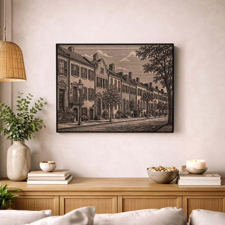 Charleston Rainbow Row Engraved Birch Art Panel