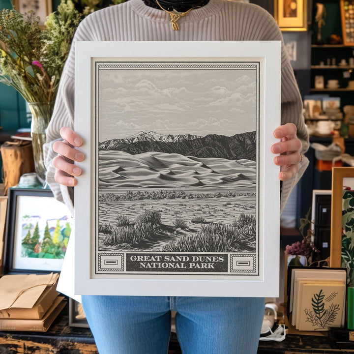 Great Sand Dunes Lithograph Style Print - Vintage Colorado archival matte fine art print. Star Dune Medano Pass Primitive Road. Western Gift