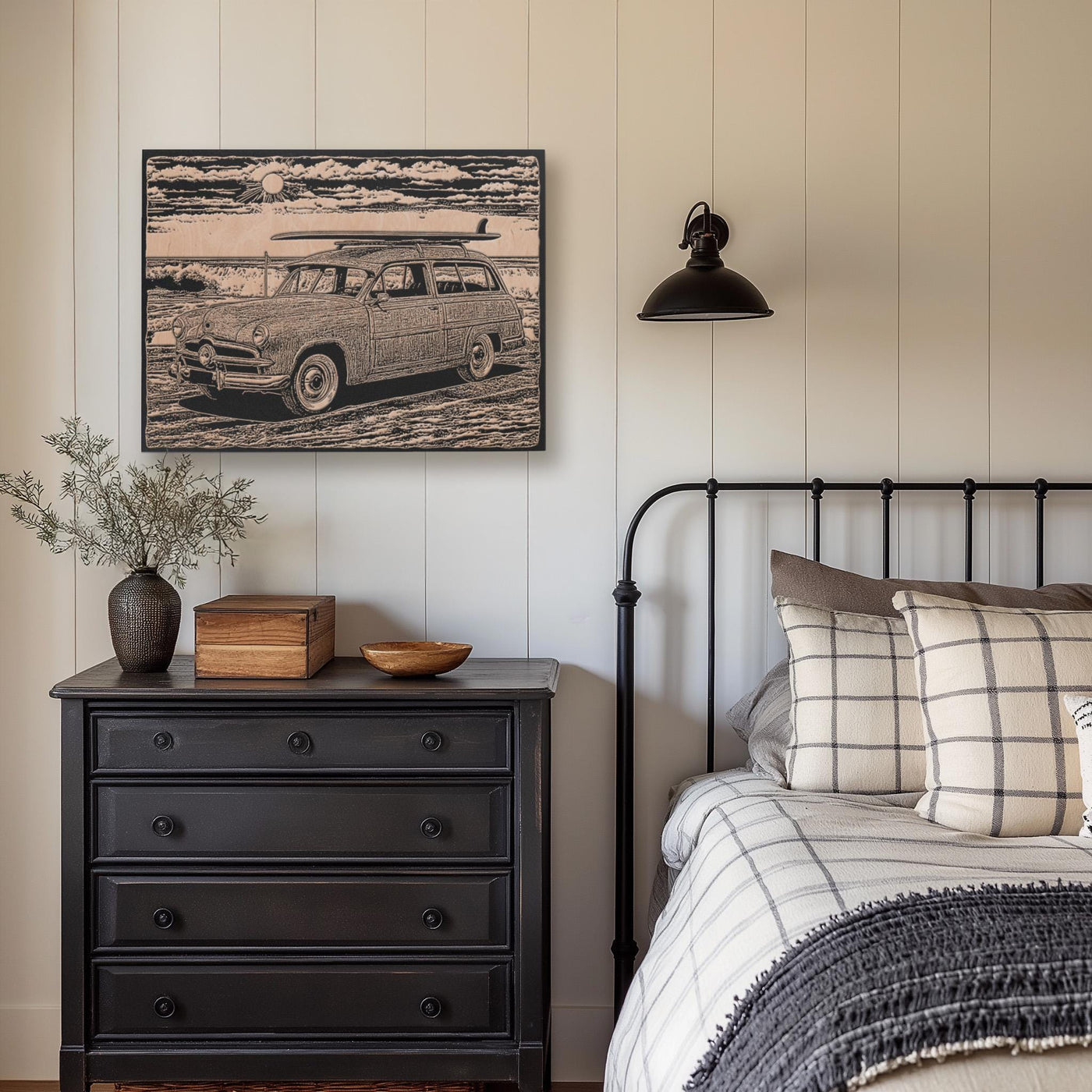 Vintage Beach Station Wagon with Surfboard Engraved Illustration
