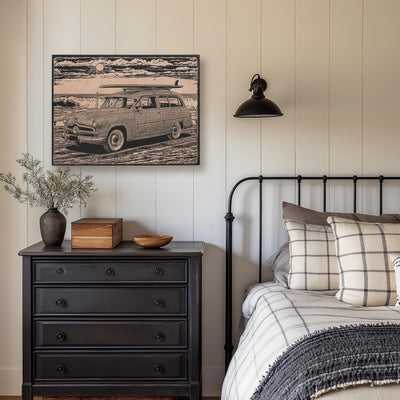 Vintage Beach Station Wagon with Surfboard Engraved Illustration