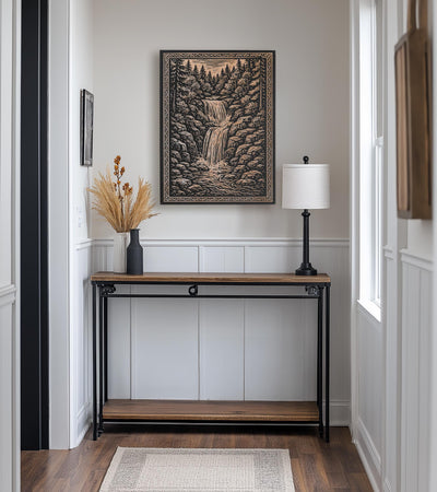 Forest Waterfall Engraved Birch Illustration