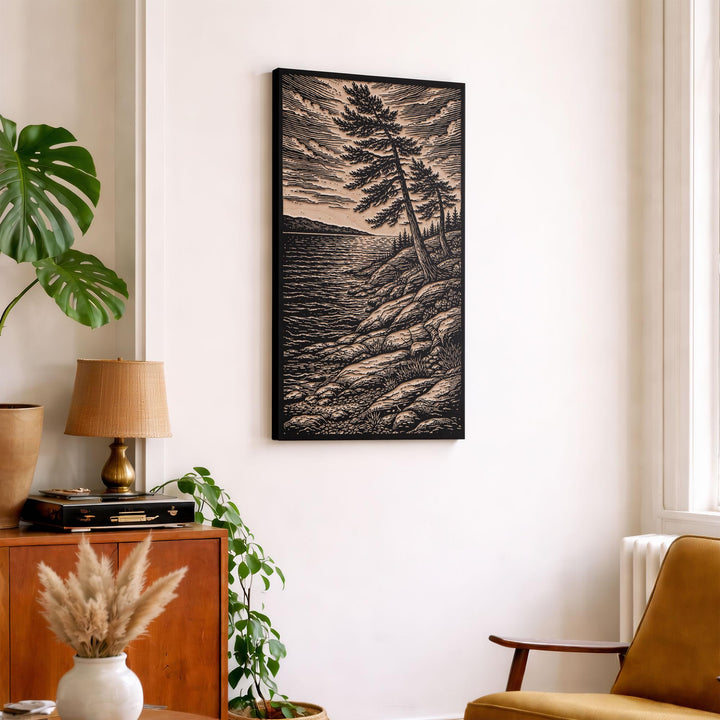 Windswept Pines on a Rugged Shore Engraved Birch Art Panel