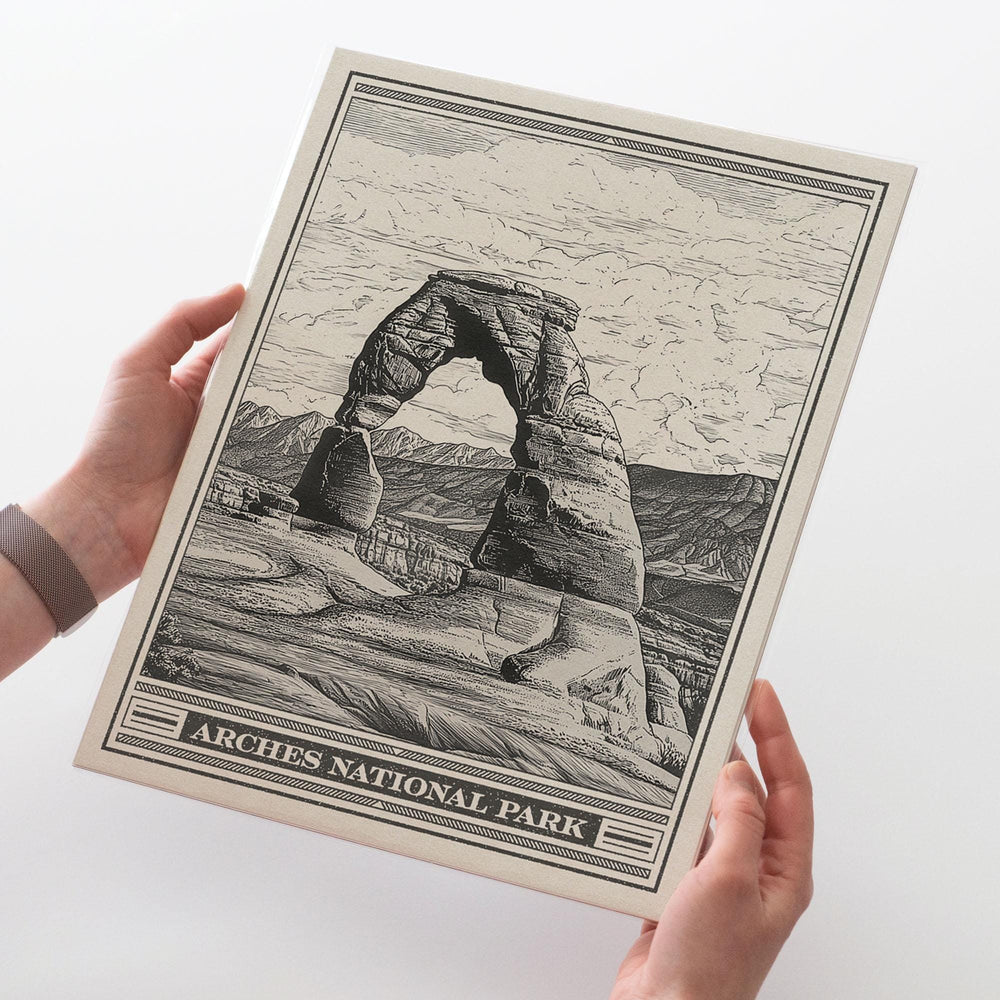 Arches National Park Lithograph Style Print - Vintage Utah archival matte fine art print. Delicate Arch of La Sal Mountains. Desert Gift.