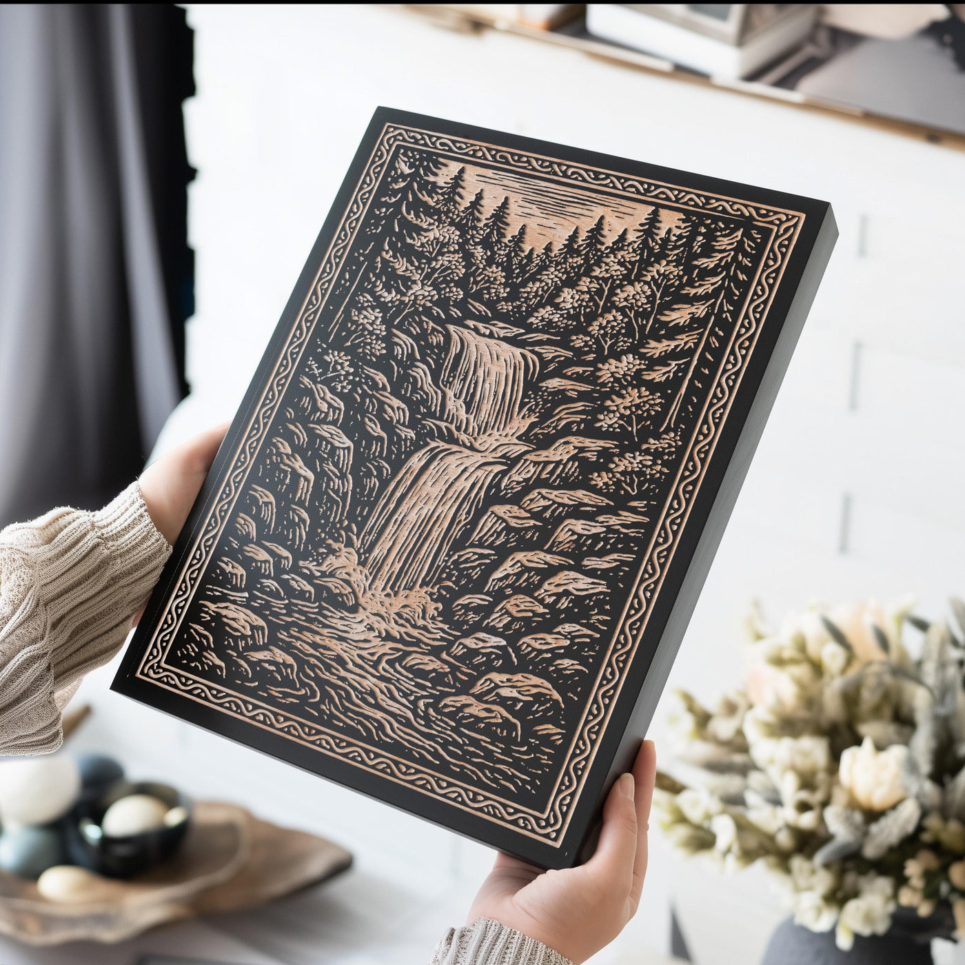 Forest Waterfall Engraved Birch Illustration