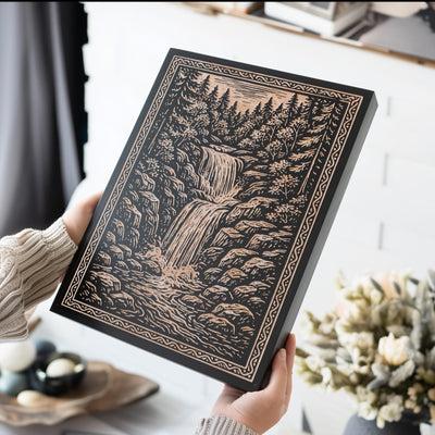 Forest Waterfall Engraved Birch Illustration