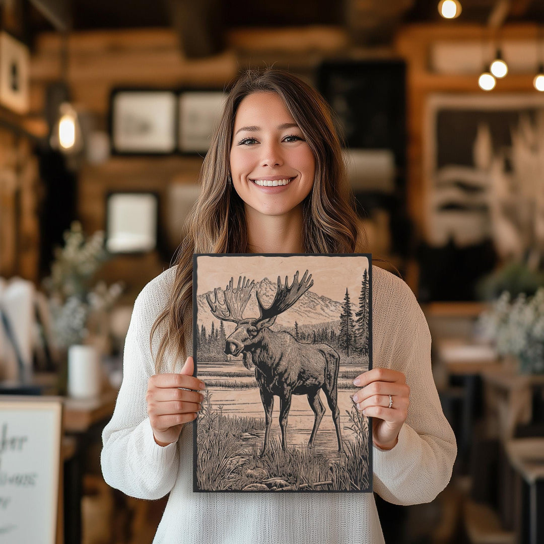 Moose in a Bog Engraved Illustration