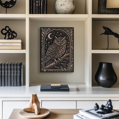 Owl & Moon Engraved Birch Illustration