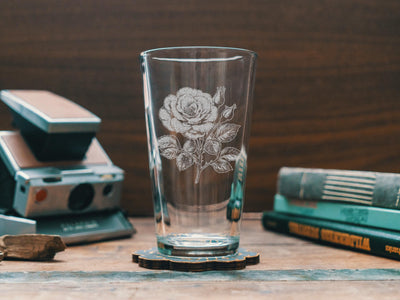 Rose Glasses | Personalized Beer, Cocktail, Whiskey, Wine glassware. Bridal floral gift. Botanical Feminine Flowers Boho Home Decor.