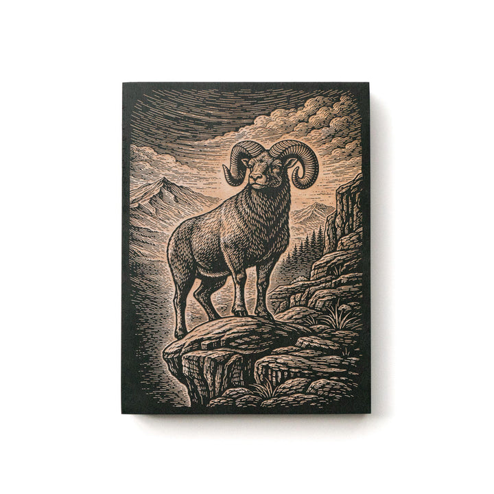 Bighorn Ram on Rocky Ledge Engraved Birch Art Panel