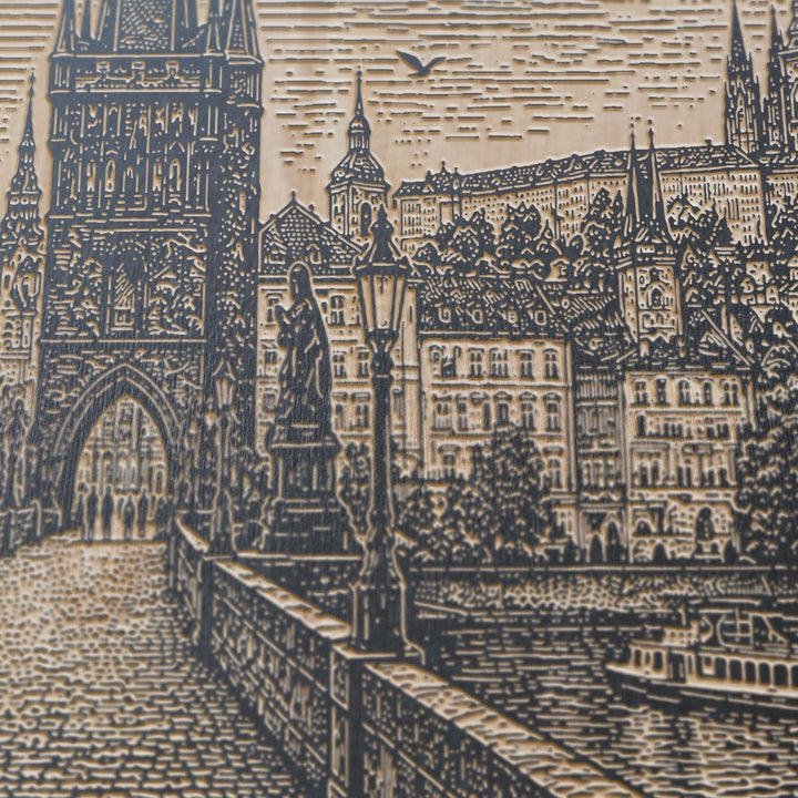 Prague Charles Bridge Engraved Birch Art Panel