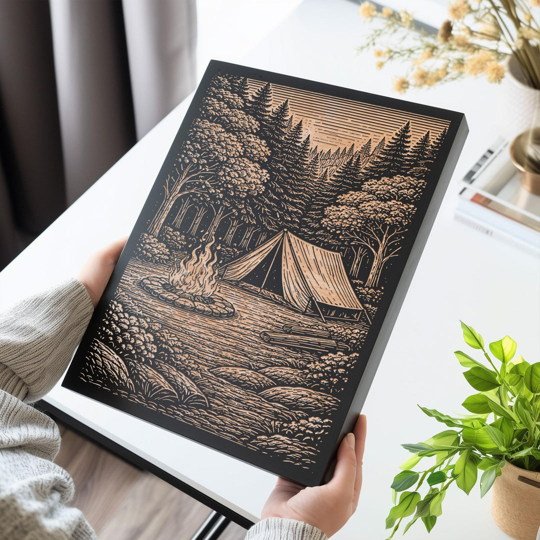 Campfire &amp; Tent in the Woods Engraved Illustration