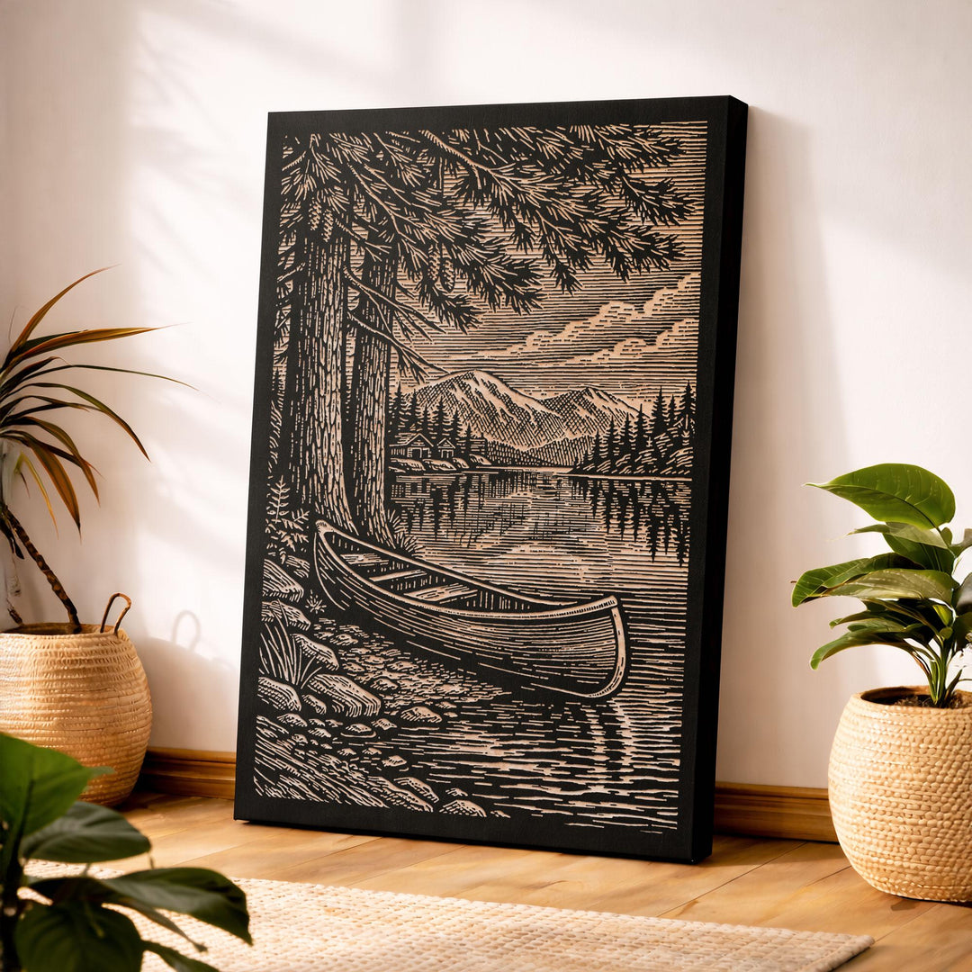 Lakeside Canoe Engraved Illustration