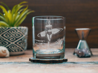 Surfer Babe Glasses | Vintage Beach Themed Whiskey, Wine & Beer Glassware, Ocean Nautical Summer Drinkware, Surfing Gift, Boho Home Decor
