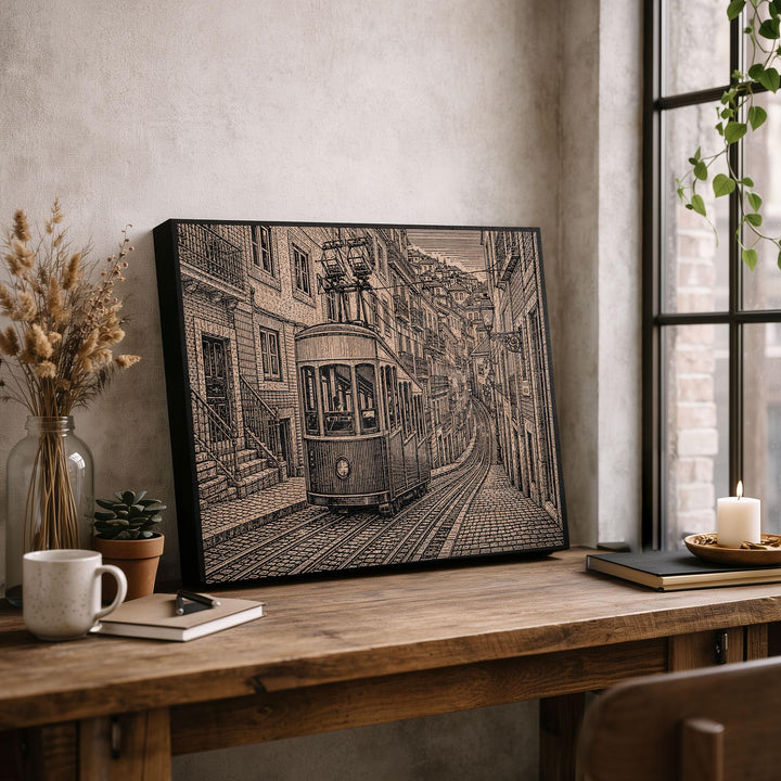 Lisbon Tram Engraved Birch Art Panel