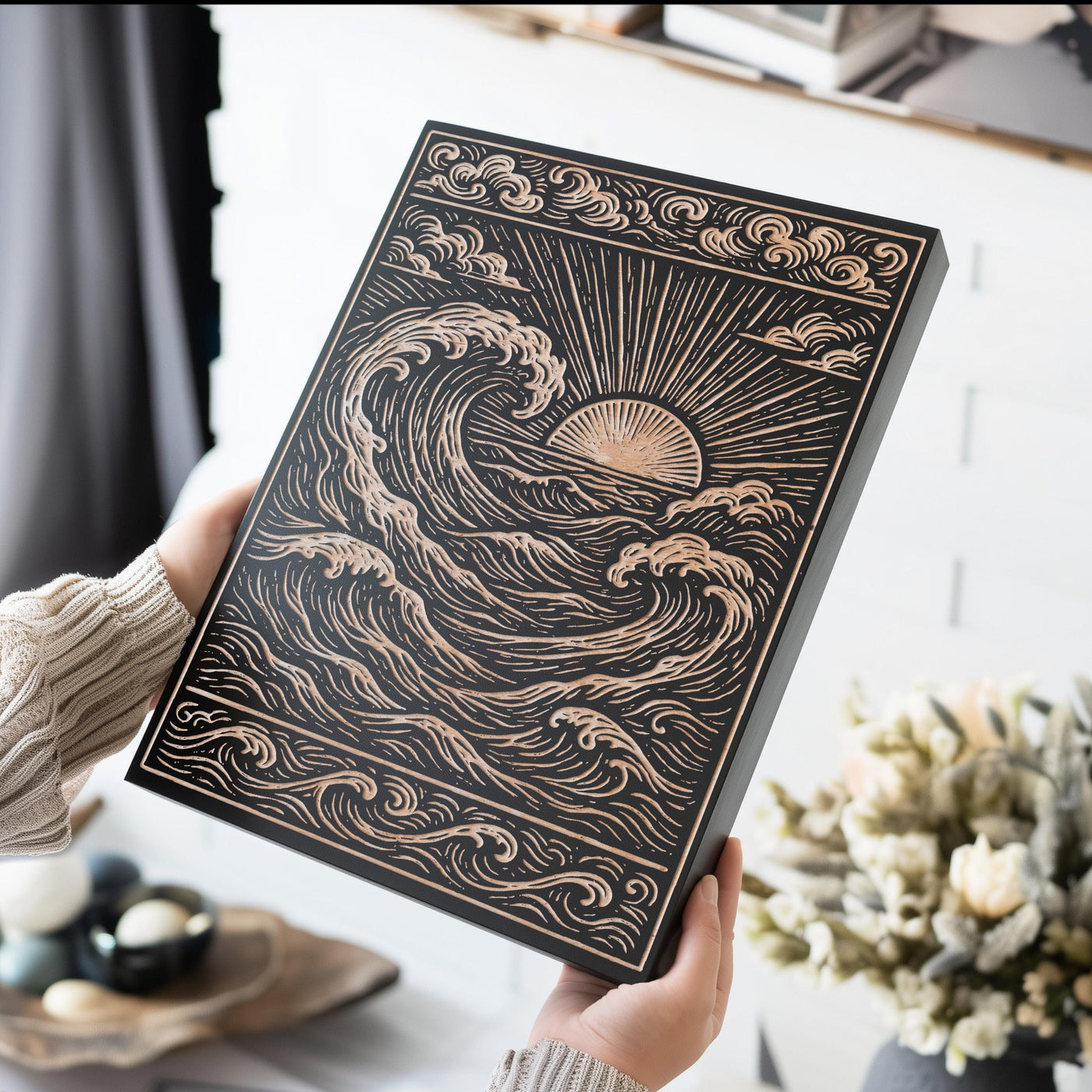 Ocean Sunset Engraved Birch Illustration