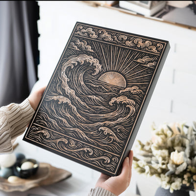 Ocean Sunset Engraved Birch Illustration