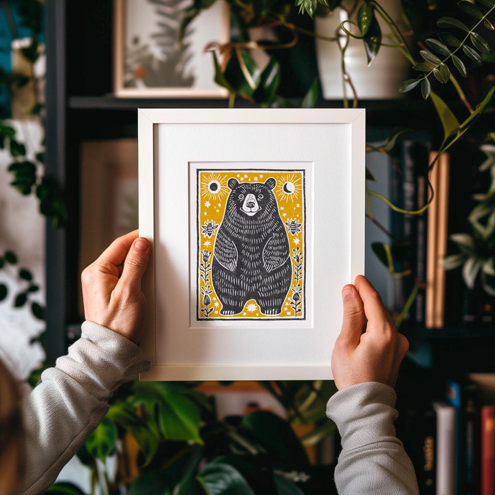 Bear &amp; Bees Linocut Print