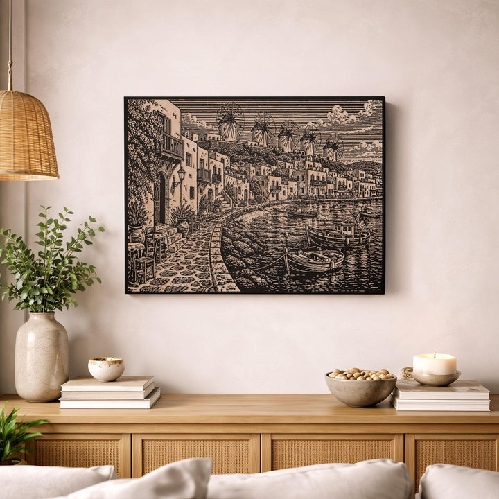 Mykonos Harbor Engraved Birch Art Panel