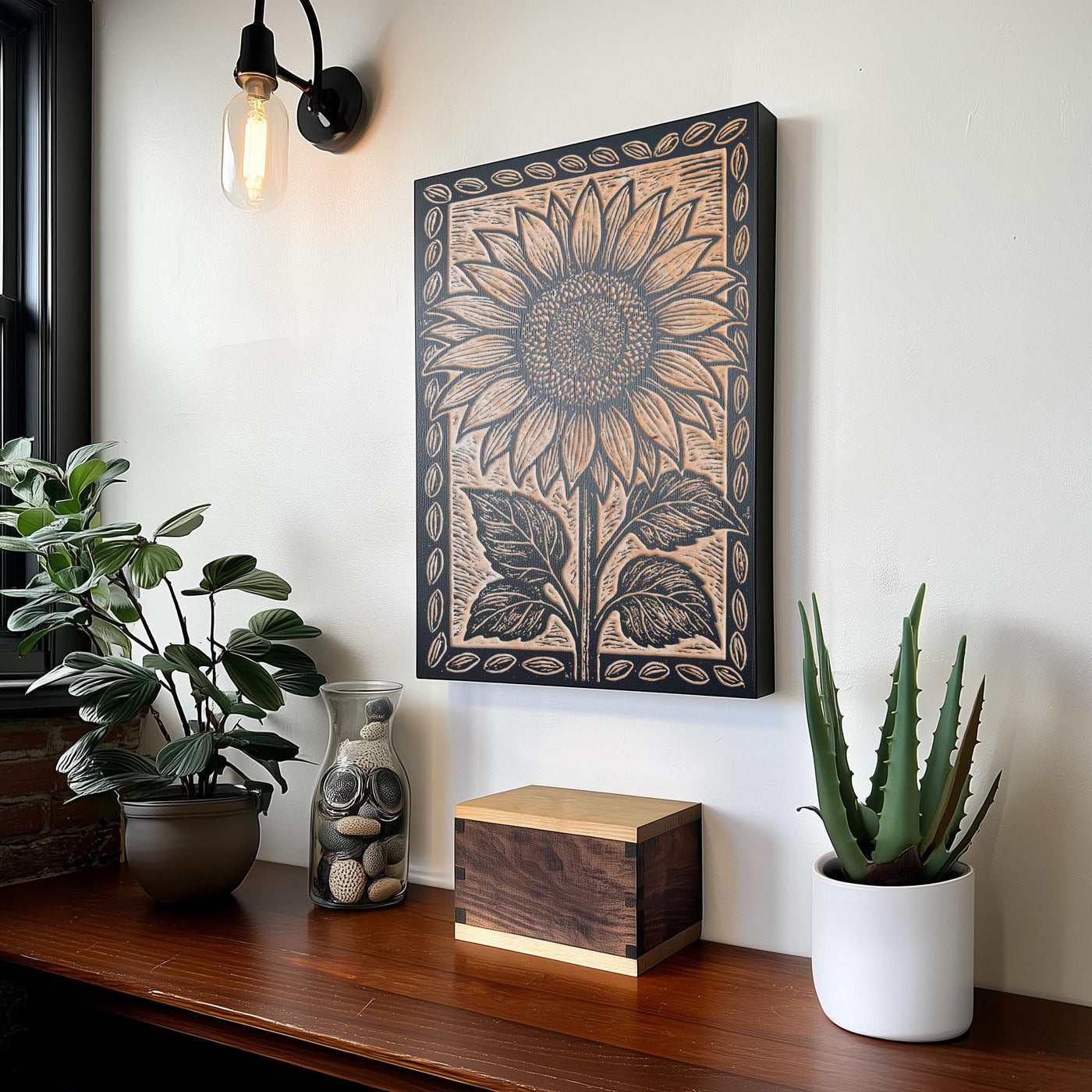 Folk Art Sunflower Engraved Birch Illustration