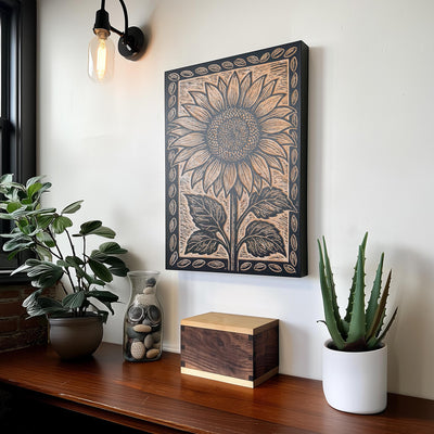 Folk Art Sunflower Engraved Birch Illustration